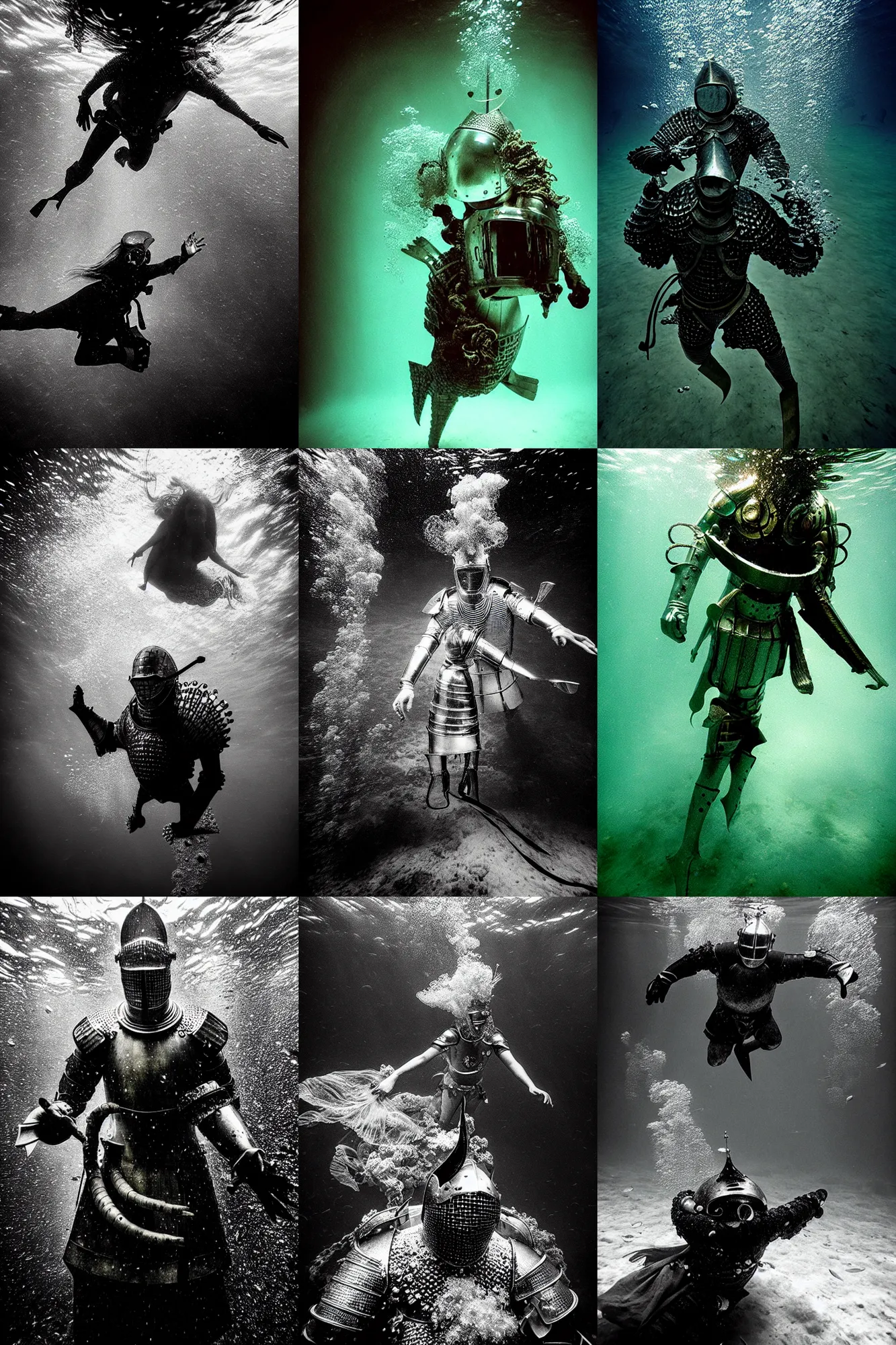 Prompt: Underwater photo of a beautiful medieval knight by Trent Parke, dynamic, metallic patterns, clean, detailed