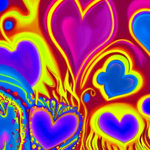 Prompt: a highly detailed digital painting of kitschy purple hearts in flames, inspired by lisa frank, dali, matisse, klee, bosch, david hockney, trending on artstation, 4 k