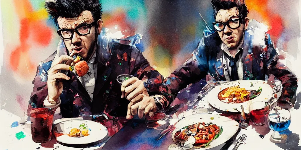 Image similar to cartoonish elvis costello eating dinner, vivid colors, character sheet, fine details, concept design, contrast, kim jung gi, greg rutkowski, watercolor, trending on artstation, 8 k, full body, turnaround, front view, back view, ultra wide angle