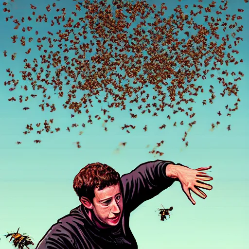 Prompt: Mark Zuckerberg being attacked by bees, stylized