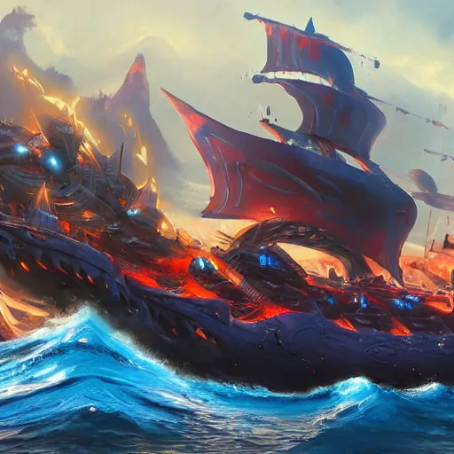 Image similar to arcane - style giant battleship, fire cannons, fire cannons. spear and axes, blue sea waves background, bright art masterpiece artstation. 8 k, sharp high quality artwork, concept art by tooth wu, blizzard warcraft artwork, hearthstone card artwork