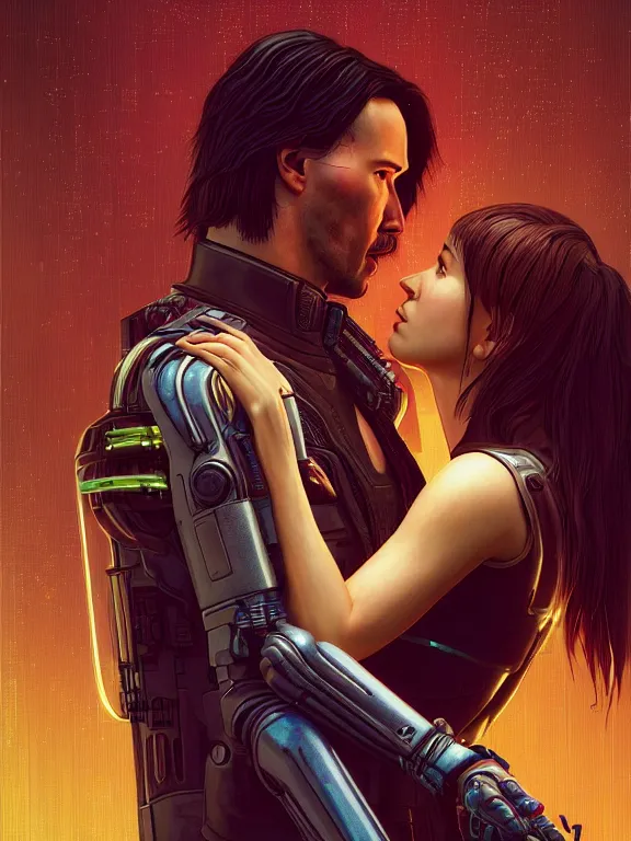 Image similar to a cyberpunk 2077 couple portrait of Keanu Reeves & female android in final kiss,love,by Laurie Greasley,Lawrence Alma-Tadema,Dan Mumford,artstation,deviantart,FAN ART,full of color,Digital painting,face enhance,highly detailed,8K,octane,golden ratio,cinematic lighting