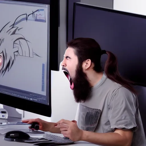 Prompt: Weeaboo screaming at the computer, male, ponytail and beard, realistic photo