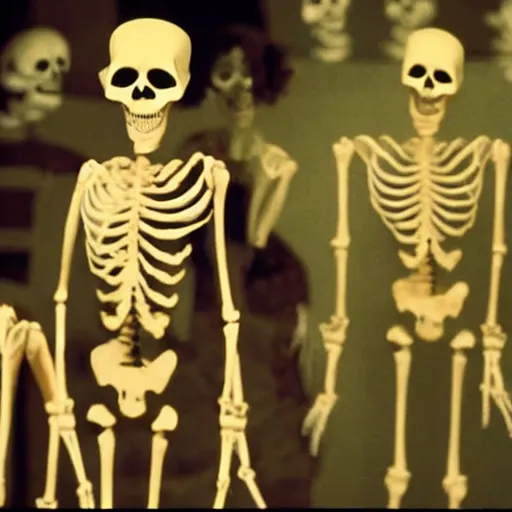 Image similar to a dancing skeleton, 9 0's film