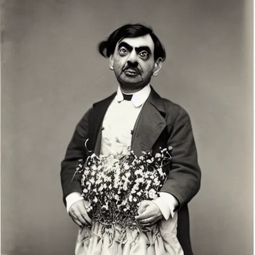 Prompt: mr.bean dressed in a flower dress, photo, 1899