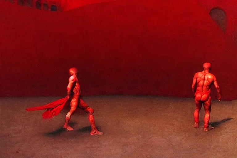 Image similar to only with red, a red gladiator in a crowded roman amphitheatre, crowd cheers him, in the style of beksinski, parts by edward hopper, parts by rodcenko, parts by yue minjun, intricate and epic composition, red by caravaggio, insane quality, highly detailed, masterpiece, red light, artstation