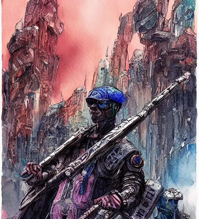 Image similar to a watercolor ink painting of a cyberpunk god of warfare and battle in the style of jean giraud in the style of moebius trending on artstation deviantart pinterest detailed realistic hd 8 k high resolution