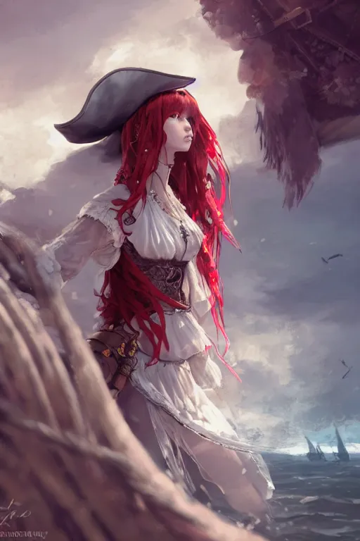 Prompt: highly detailed portrait of a young pirate princess with a wavy vibrant red hair, white lace dress, tricorn hat, cinematic lighting, dramatic atmosphere, by Dustin Nguyen, Akihiko Yoshida, Greg Tocchini, Greg Rutkowski, Cliff Chiang, 4k resolution, nier:automata inspired, bravely default inspired, pirate ship background