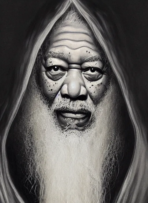 Image similar to evil morgan freeman as evil wizard saurman the white, long white hair and white beard, beautiful pure white warlock flowing robes, long black wizard staff by alan lee, lord of the rings, smooth, oil painting, matte painting, concept art, trending on artstation, promotional artwork, film still, elegant, photorealistic facial features, intricate, detailed face, cinematic lighting