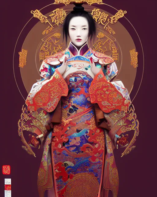 Image similar to portrait of a chinese cyberpunk machine, machine face, arms, upper half portrait, decorated with chinese opera motifs, regal, asian, fine china, wuxia, traditional chinese art intricate intense elegant 京 剧 highly detailed digital painting artstation concept art smooth sharp focus illustration, art by artgerm and greg rutkowski alphonse mucha 8 k