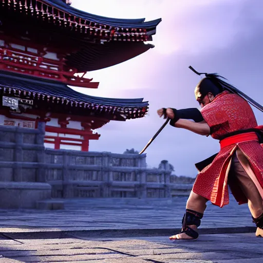 Image similar to photo of an action fight scene between a samurai and a ninja, unreal engine, hyper realistic, high detail, cinematic, magic, japan, temples, beautiful lighting, smoke, fire, lightning,