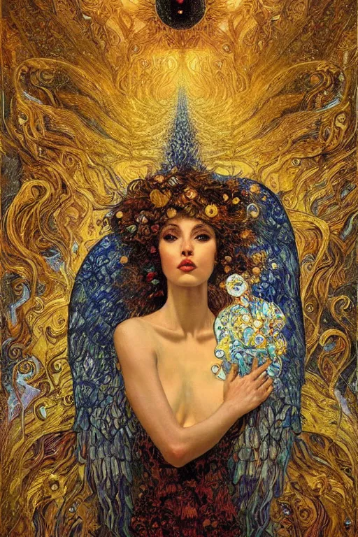 Image similar to Visions of Paradise by Karol Bak, Jean Deville, Gustav Klimt, and Vincent Van Gogh, visionary, otherworldly, fractal structures, infinite angel wings, ornate gilded medieval icon, third eye, spirals, heavenly spiraling clouds with godrays, airy colors, feathery wings