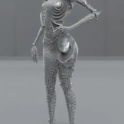 Image similar to full body detailed, ethereal chrome dress, biomechanical, covered in diamonds and other gems glowing, highly detailed face, elegant posed, intricate, extremy detailed, beeple, cgsociety, 3 d unreal engine octane render. cinematic lighting, highly detailed 4 k art