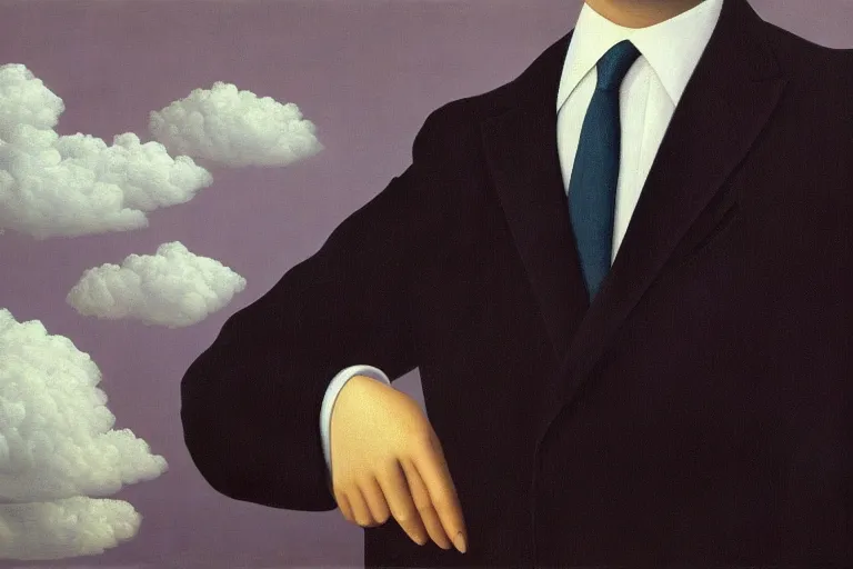 Prompt: portrait of man in a suit that has clouds instead of head by rene magritte, detailed painting, hd, hq, high resolution, high detail, 4 k, 8 k