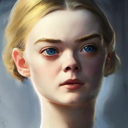 Prompt: ultra realistic head and shoulders portrait painting of elle fanning in dishonored, art by frank frazetta, 4 k, ultra realistic, highly detailed, epic lighting