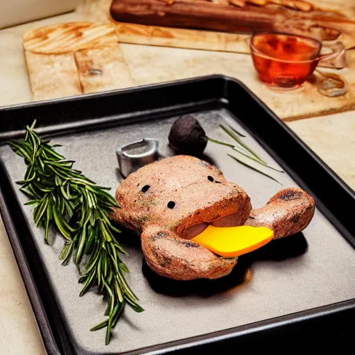 Image similar to roasted spatch donald duck in a baking tray with rosemary and thyme, cooking oil, steam, charred, ready to eat, electric sparks