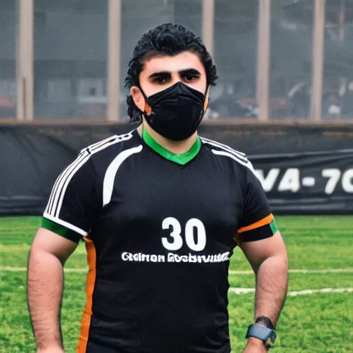 Prompt: overweight kurdish soccer player with face mask