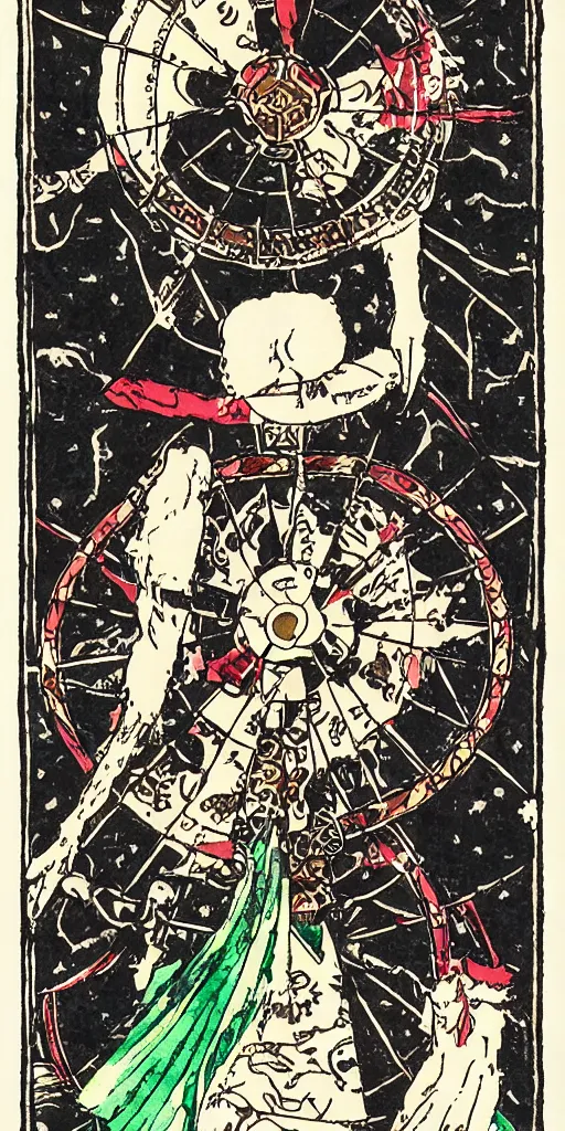 Prompt: Wheel of Fortune tarot card by Koyoharu Gotouge. clean, sharp lines,