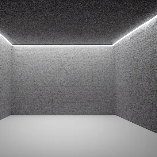 Image similar to inside of blank dark without light endless cube with white neon contours. Realistic Concept Art photography