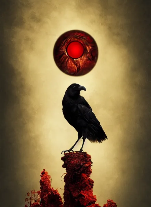 Prompt: red and golden color details, portrait, A crow with red eyes in front of the full big moon, book cover, red details, red white black colors, establishing shot, extremly high detail, foto realistic, cinematic lighting, by Yoshitaka Amano, Ruan Jia, Kentaro Miura, Artgerm, post processed, concept art, artstation, raphael lacoste, alex ross, portrait, A crow with red eyes in front of the full big moon, book cover, red roses, red white black colors, establishing shot, extremly high detail, photo-realistic, cinematic lighting, by Yoshitaka Amano, Ruan Jia, Kentaro Miura, Artgerm, post processed, concept art, artstation, raphael lacoste, alex ross