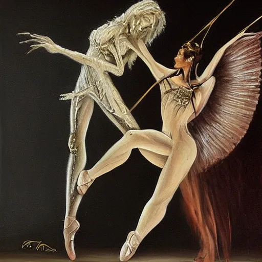 Image similar to a stunning oil painting of a ballerina angel spearing a ballerina demon in an epic battle by h. r. giger