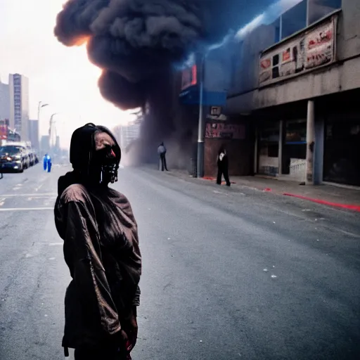 Image similar to Cinestill 50d candid extreme wide shot of a poor techwear mixed woman wearing makeup crying outside of a futuristic city on fire, cyberpunk, tattoos, homeless tents on the side of the road, military police, extreme long shot, desaturated, full shot, action shot, blurry, 4k, 8k, hd, full color