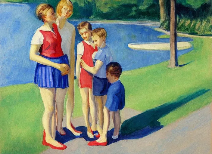 Prompt: detailed painting of mother with two sons aged 6 and 9 on vacation in the druskininkai resort by edward hopper