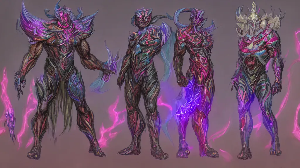 Image similar to a fantasy muscular Bright cosmic void ghost demon with two heads and a long tail character design sheet, trending on artstation