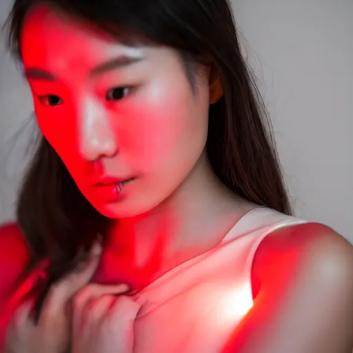 Image similar to a close up shot of a young woman holding her face which is illuminated by red light by kang, hyung koo, callas sigma 8 5 mm f / 1. 4.