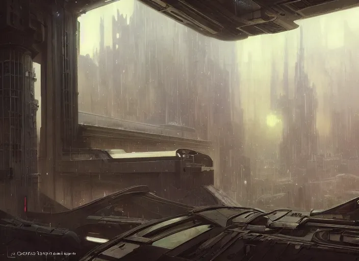 Image similar to view through window, giant spaceship, city is pure wasteland, rain, dusk, low saturation, glowing lights, alphonse mucha, greg rutkowski, trending on artstation, artgerm, breathtaking, sharp focus, smooth, mark arian, award winning, highly detailed 4 k art