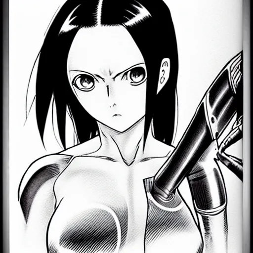 Image similar to alita by yukito kishiro. medium shot. black and white manga. pencil drawing.