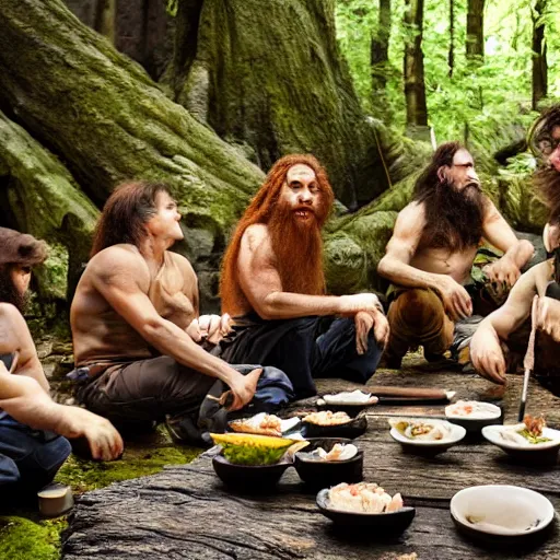 Image similar to photo, neanderthal people eating sushi, surrounded by dinosaurs, gigantic forest trees, sitting on rocks, bonfire