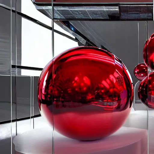 Prompt: chrome spheres on a red cube by joachim beuckelaer