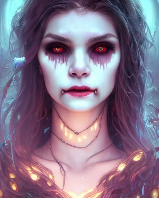 Image similar to portrait of a cute female vampire, bioluminescent, veins, horror, happy, highly detailed, digital painting, cinematic, hyperrealism, dark retrowave, art by stanley lau and artgerm and magali villeneuve and alphonse mucha, artstation, octane render, cgsociety