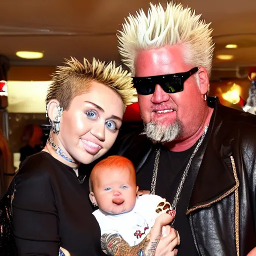 Image similar to miley cyrus and guy fieri holding their baby