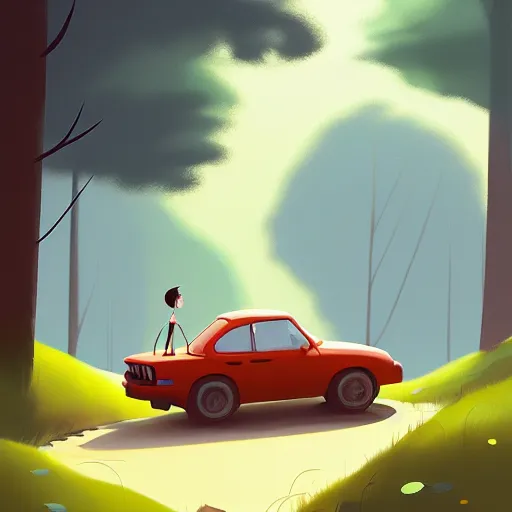 Image similar to goro fujita ilustration hikers parking the car in the forest, painting by goro fujita, sharp focus, highly detailed, artstation