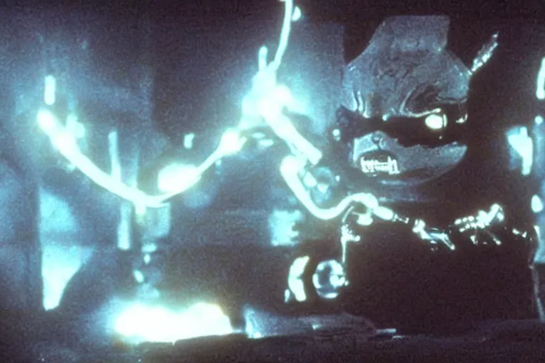 Image similar to Terminator Pikachu scene where his endoskeleton gets exposed and his eye glows red, still from the film by H. R. Giger in color