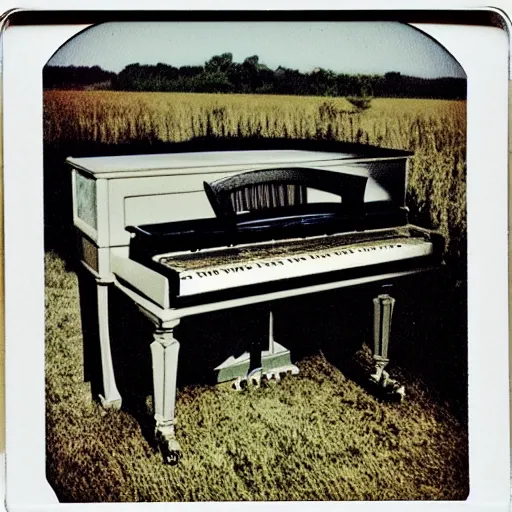 Image similar to a Polaroid photo of a transparent perspex piano in a field, beams of light, nostalgic