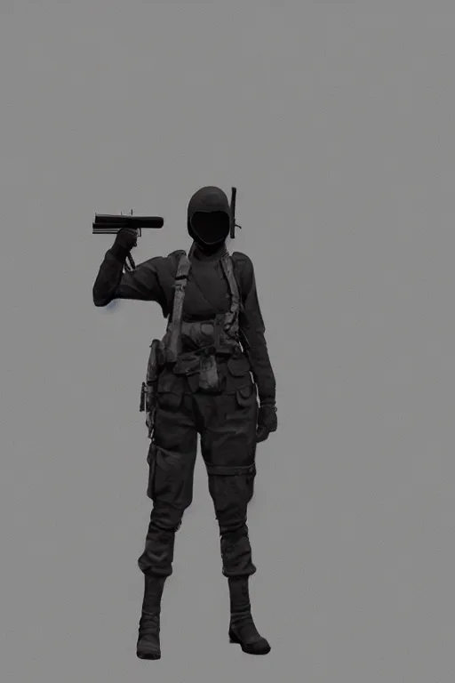 Image similar to ww 1 british sas female masked operative with the standard black uniform, artstation, trending on artstation, establishing shot, by simon stalenhag