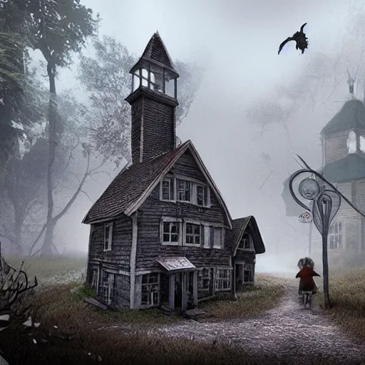 Image similar to Village, horror, fog, foster, highly detailed, one house, fear, hyper realistic, atmospheric lighting