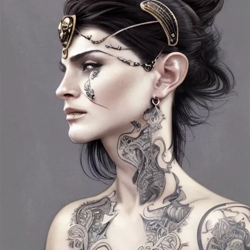 Image similar to an attractive young tattooed female with piercings wearing an white ornate metallic helmet, helena christensen, olive skin, long dark hair, beautiful bone structure, intricate, elegant, highly detailed, digital painting, artstation, concept art, smooth, sharp focus, illustration, art by artgerm and greg rutkowski and alphonse mucha