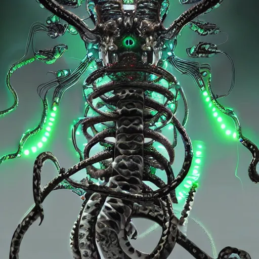 Prompt: the upper torso of a terminator gorgon medusa with borg implants and robotic snakes coming out of her head is hanging from cables and wires off the ceiling of a lab. Tiny green led lights in her cybernetics. She is bolding a cup of coffee. very detailed 8k. Art by nekro. Horror style.