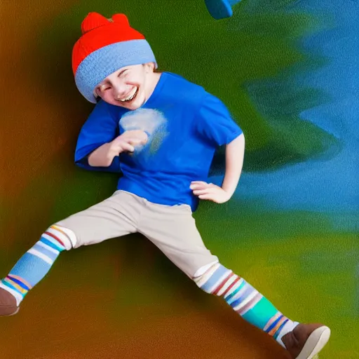 Image similar to a kid grinning wearing a blue sock hat over his eyes, green shirt and brown jumping high in the air painting, high details