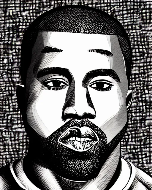 Prompt: Manga black-and-white comic book cross-hatching illustration of Kanye West on black background, fading in to the black background, darkness surrounding his body