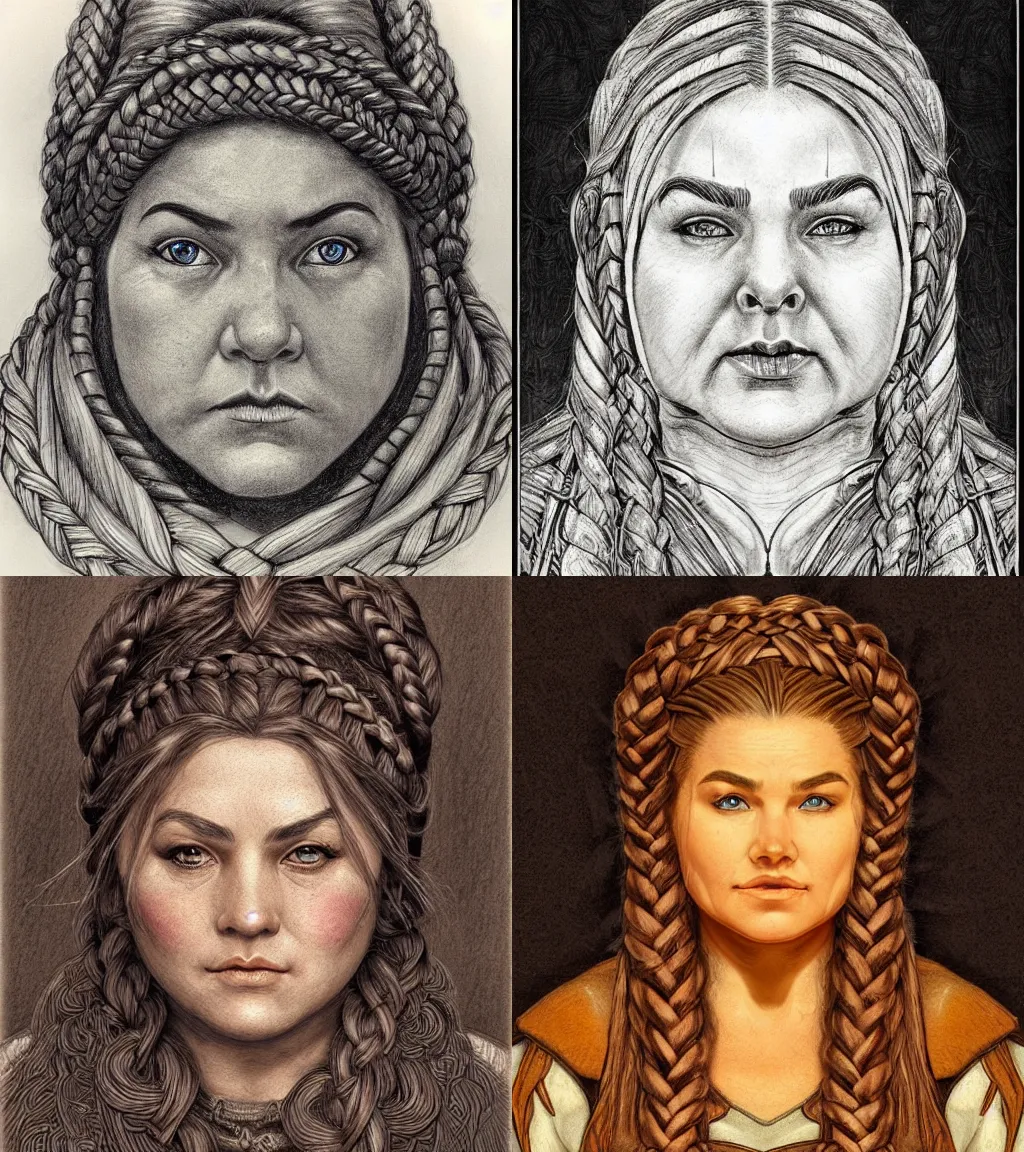 Prompt: plump female dwarven commoner | complex braided hairstyle | pencil sketch | hyperdetailed | johfra bosschart | bust portrait | dungeons and dragons |