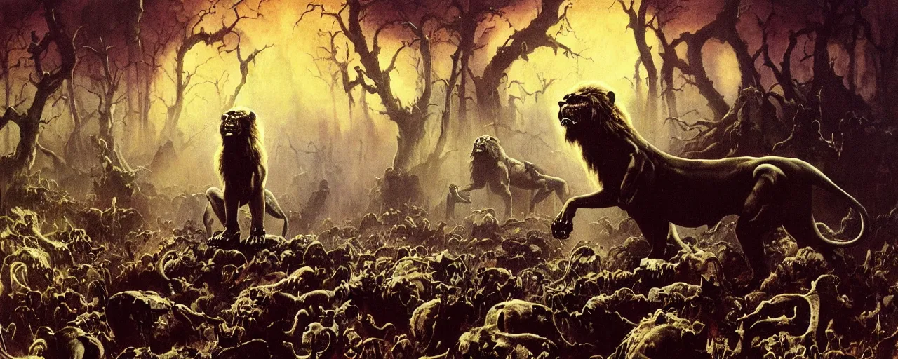 Prompt: frazetta painting of forest of souls filled with skeletons on the ground, backlight on anthropomorphic lion silhouette standing in epic pose ,nighttime ,daytime , backlight , detailed visible brushmarks