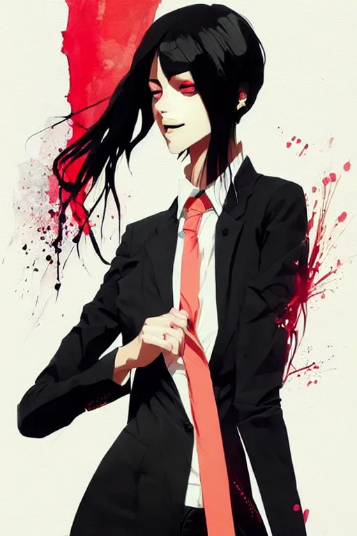 Image similar to a ultradetailed beautiful panting of a stylish woman wearing a shirt with a tie, she has black hair, by conrad roset, greg rutkowski and makoto shinkai, trending on artstation