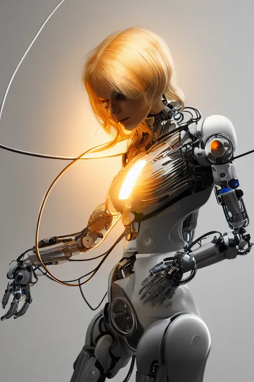 Image similar to a beautiful woman with blonde hair wearing robot suit with wires and light, highly detailed, photorealistic, artstation, smooth