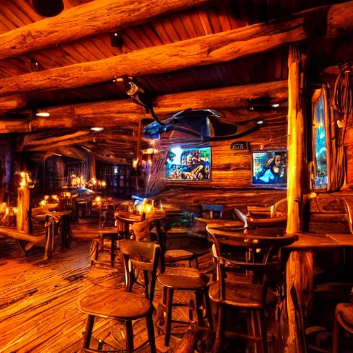 Prompt: cowboy western tavern at night, well lit, campfire