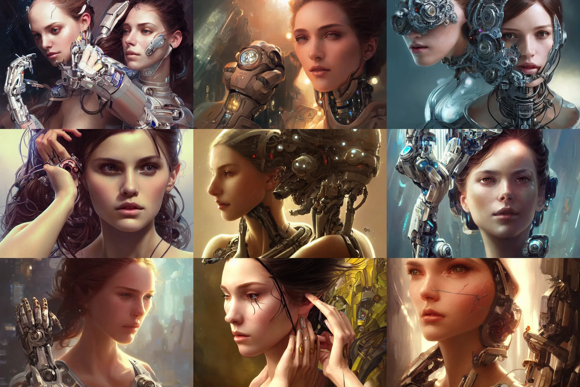 Prompt: Ultra realistic illustration, robotic hands making up a beautiful woman's face, cyberpunk,sci-fi, fantasy, intricate, elegant, highly detailed, digital painting, artstation, concept art, smooth, sharp focus, illustration, art by artgerm and greg rutkowski and alphonse mucha
